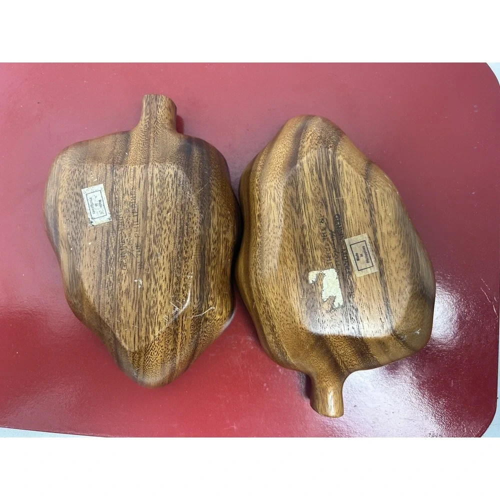 2‎ Vintage Monkey Pod Wood Leaf  Snack Bowl Trinket Dish Tiki Set Philippines
